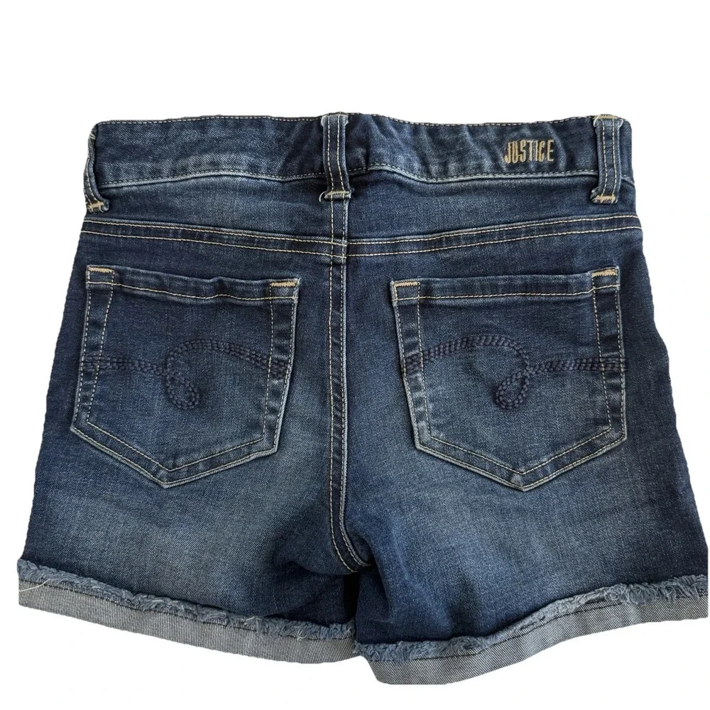 Justice Denim Shorts Girls 12 Slim Dark Wash Raw Hem Cuffed Stretch Jean